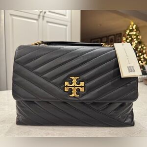 Tory Burch Kira Chevron Quilted Black Shoulder Bag with Gold Accents NWT